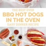 Hot dogs baked in the oven with homemade barbecue sauce and the ingredients to make it.