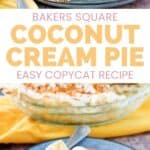 A slice of copycat Bakers Square coconut cream pie on a plate in front of the pie.