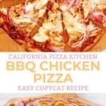 Sliced copycat California Pizza Kitchen BBQ chicken pizza on a pizza peel.