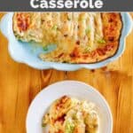 Copycat Dickey's baked potato casserole in a baking dish and on a plate.