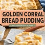 A slice of bread pudding and a fork on a square plate.
