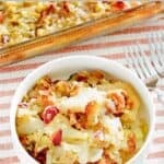 Hot German Potato Salad in a bowl and baking dish.