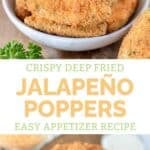 Crispy homemade deep fried jalapeño poppers with cheddar and cream cheese.
