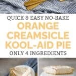 Slices of no-bake orange creamsicle Kool-Aid pie on a platter and forks next to it.