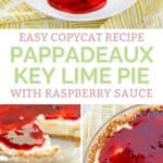 Copycat Pappadeaux key lime pie with raspberry sauce and pecan graham cracker crust.
