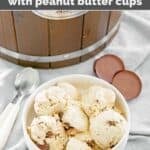 Homemade peanut butter ice cream with peanut butter cups and an ice cream maker.