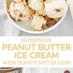Homemade peanut butter ice cream with peanut butter cups in a bowl and ice cream maker and the ingredients.