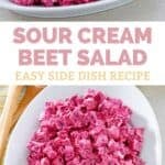 Sour cream beet salad on an oval platter.