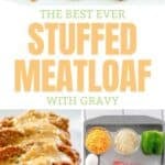 Stuffed meatloaf with gravy and the ingredients to make it.